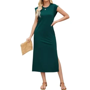Vestido Largo de Verano para Mujer con Abertura y Bolsillos Manga Corta