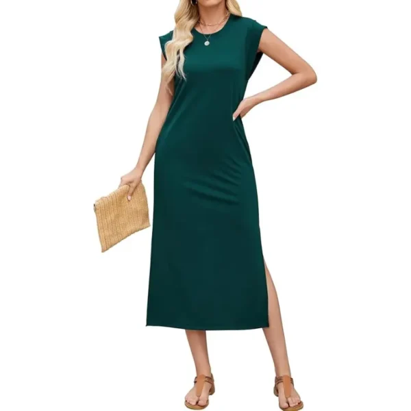 Vestido Largo de Verano para Mujer con Abertura y Bolsillos Manga Corta