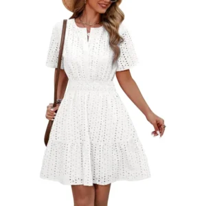Vestido Mini Mujer con Manga Corta Cuello V Elegante Bohemio