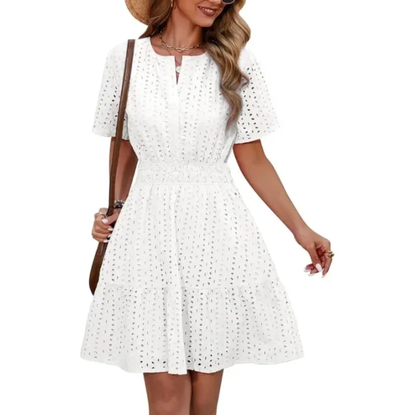 Vestido Mini Mujer con Manga Corta Cuello V Elegante Bohemio