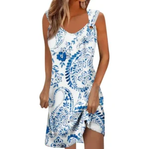 Vestido Playa Mujer Tallas Grandes Sin Mangas Cuello Redondo Fiesta Bohemio